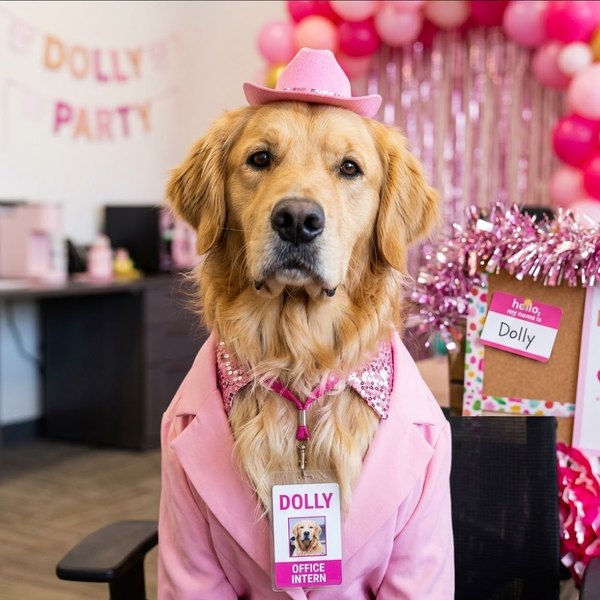 Dolly, a golden retriever in a pink cowboy hat and blazer