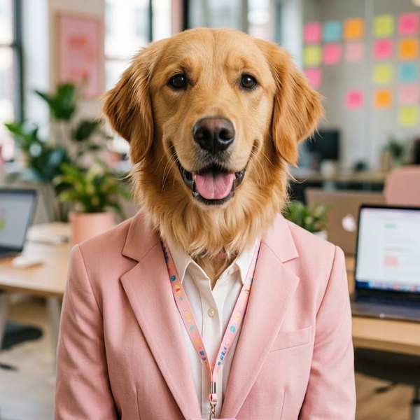 Zoe, a golden retriever in a pink blazer, wearing an ID badge